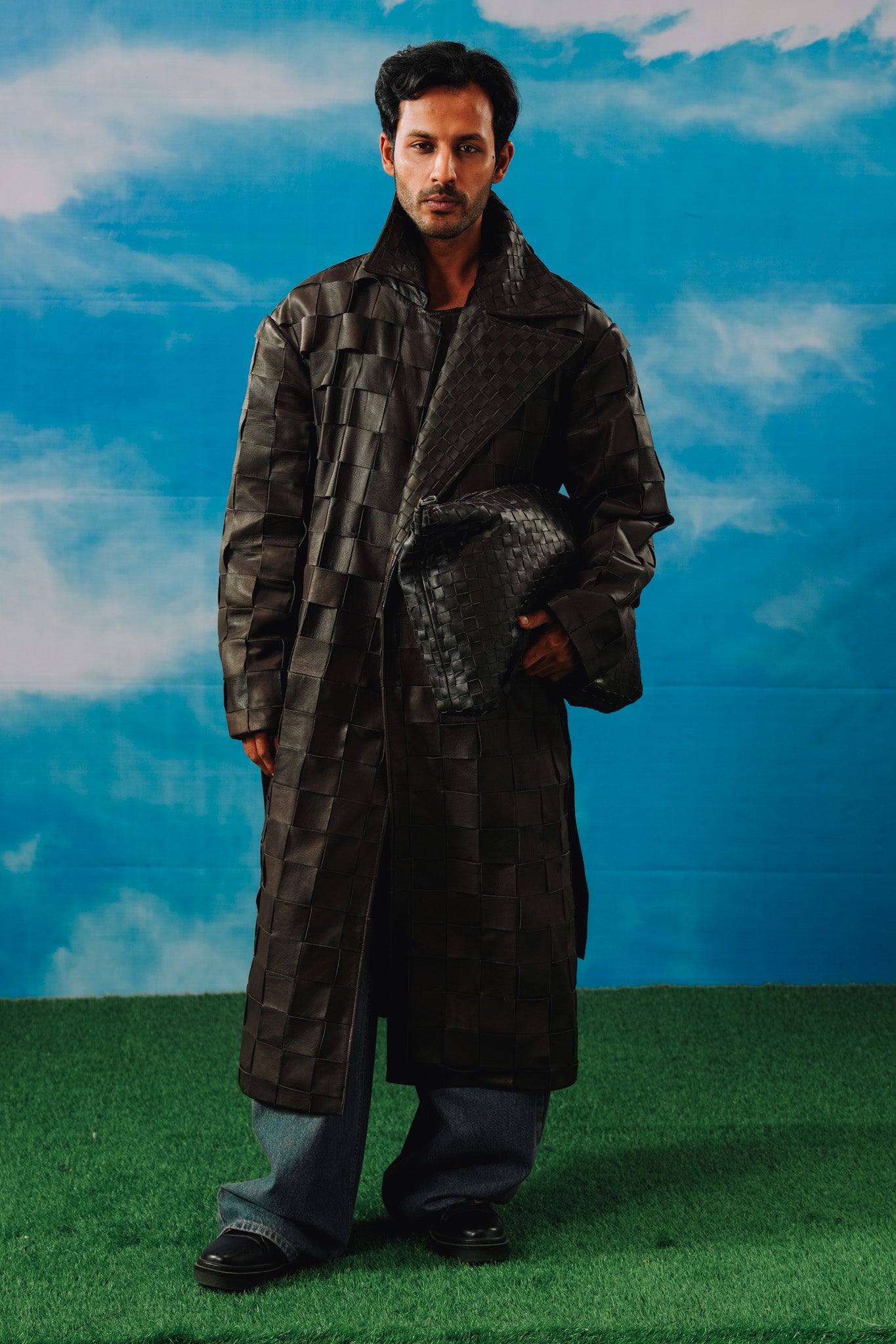 Braided Leather Oversized Coat