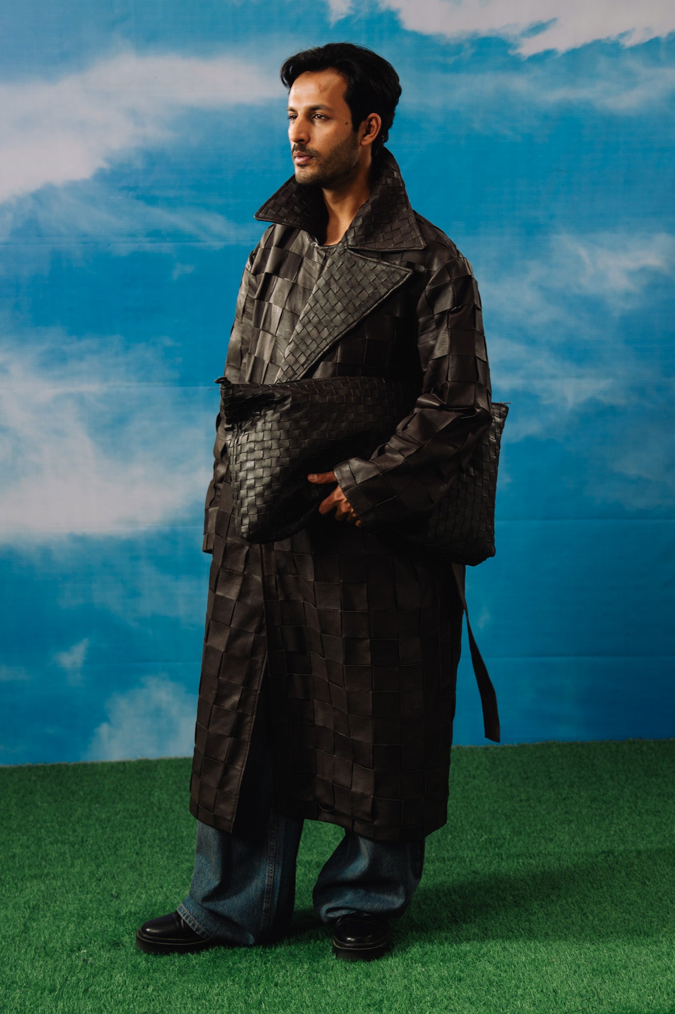 Braided Leather Oversized Coat