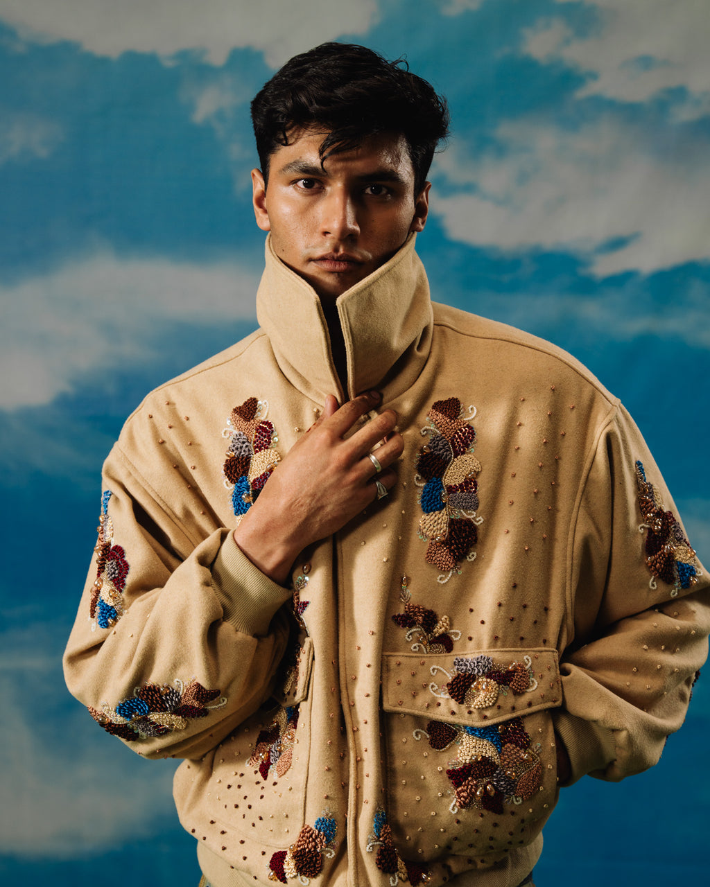Beige French Knots Embroidered Jacket