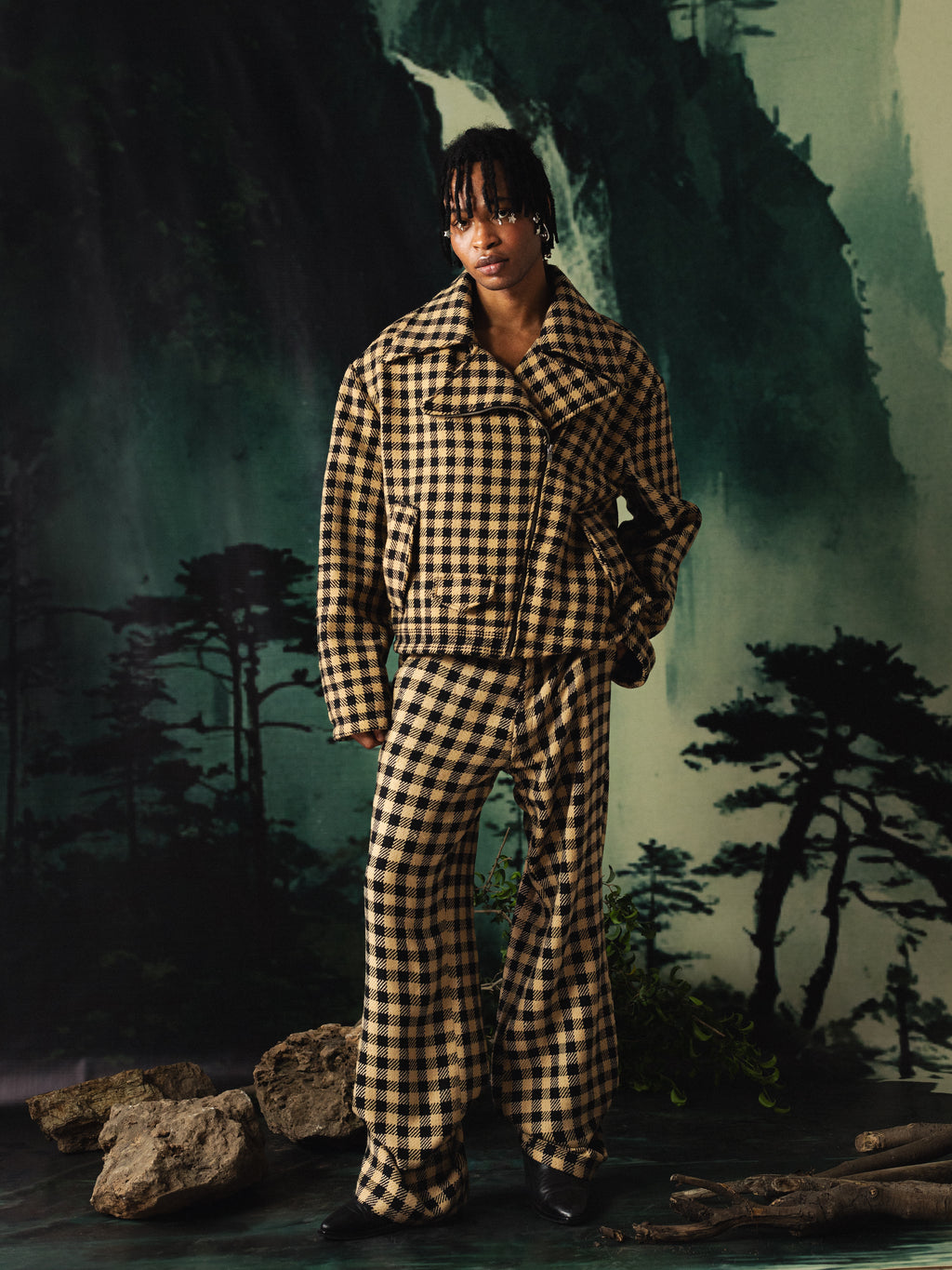 Brown Checkered ‘KHES’ Biker Jacket