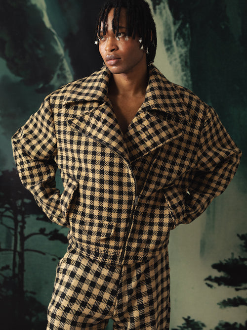 Brown Checkered ‘KHES’ Biker Jacket