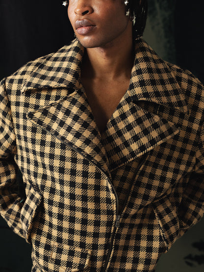 Brown Checkered ‘KHES’ Biker Jacket